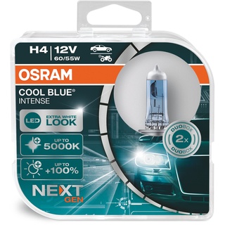 Osram COOL BLUE INTENSE H4, +100% mehr Helligkeit, bis zu 5.000K, Halogen-Scheinwerferlampe, LED-Look, Duo Box (2 Lampen)