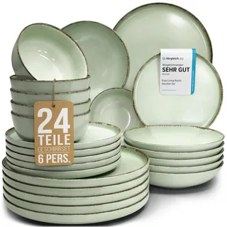 Steingut Geschirrset 6 Personen Rustic 24 tlg. TESTSIEGER, Hochwertiges Landhaussttil Steingut Geschirr Set, Schüssel- und Teller Set, Tafelservice 6 Personen, Geschirrsets Pure Living in Mintgrün