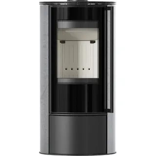 Kaminofen aus Stahl KRATKI ERIK Ø 150 5,5 kW dekorative Keramiken GREY SATIN mit Türfeder - Grau