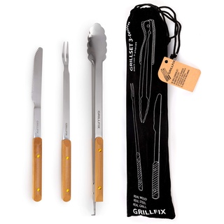 GRILLFIX BBQ Grillbesteck Set extra lang 38cm, aus Edelstahl holzverziert | 3-teilig Geschenkset für Männer und Grillfans, Grillzange Geschenk mit Holzgriff, Fleischgabel, Grillmesser, Geschenkbeutel