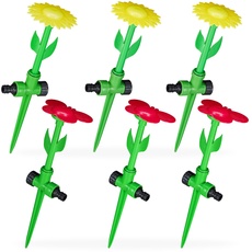 Relaxdays Sprinkler Blume, 6er Set, Spritzblume Garten, Rasensprenger Kinder, mit Erdspieß, HxD: 34 x 10 cm, rot/gelb