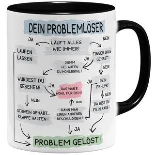 OM3® lustige Problemlöser Kaffee-Tasse mit Spruch - Problemlösung auf der Arbeit - Flowchart Diagramm - Keramik Becher - 11oz 325ml - Beidseitig Bedruckt - Schwarz