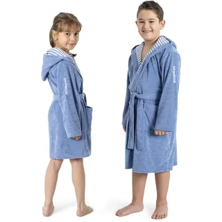 Kinderbademantel KANGAROOS "Dalia, Ideal für Zuhause, Schwimmbad oder im Urlaub" Gr. 152, blau, L:102cm, Veloursfrottier, Hausmäntel, Kinderbademantel, Uni-Farben mit Streifen