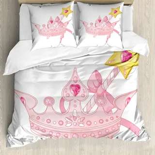 ABAKUHAUS Prinzessin Bettbezug, Krone und Zauberstab, Milbensicher Allergiker geeignet mit Kissenbezügen, 155 cm x 220 cm - 80 x 80 cm, Pale Pink Gelb - Rosa