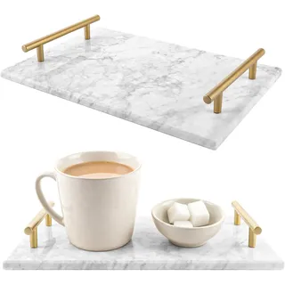 Oungy Marmor Servierplatte mit Griff, Dekorative Serviertablett Marmor, Rechteck Tablett, Verlobungstablett aus Marble, für küche Badezimmer Kommode Dekor Waschtisch, 30x20x4.5cm (Grau)