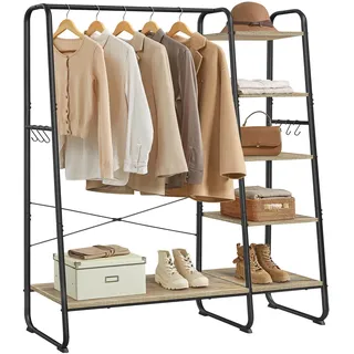 VASAGLE Kleiderständer, Garderobenständer, 45 x 120 x 160 cm Garderobe, Kleiderstange, Schuhablage, offener Kleiderschrank, 6 Haken abnehmbar, Schlafzimmer Flur, türkisbraun-Mattschwarz RGR116K01