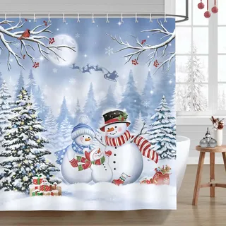 Bonhause Duschvorhang Winter Weihnachten Schneemann Kiefern Kardinal Duschvorhänge 180 x 180 cm Anti-Schimmel Wasserdicht Polyester Stoff Waschbar Bad Vorhäng für Badzimmer mit 12 Haken