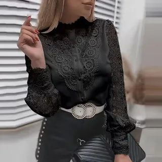 Damen Spitzenshirt Reine Farbe Mode Stehkragen Knopf Langarm Casual Bluse Elegant