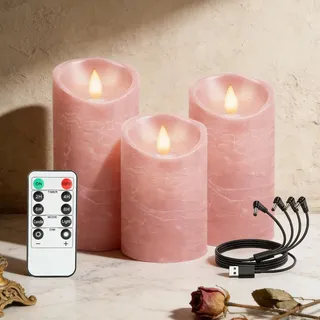 RanBluu 3er Set LED Kerzen mit Timer, elektrische flackernde Echtwachs betriebene Kerzen Wiederaufladbar, LED Säulenkerzen, für Camping, Hochzeiten, Home Deco (Rosa, 10 cm&12,5 cm&15 cm Höhe)