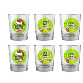 Muffel Festtagsmuffel 6er Set Schnapsgläser 2 cl | Lustige Schnapspinnchen aus Glas mit 3 Sprüchen: „ICH HASSE MENSCHEN“, „HALTS MAUL UND TRINK“, „RUNTER DAMIT“ | Frech & Witzig | Geschenk Mann Frau
