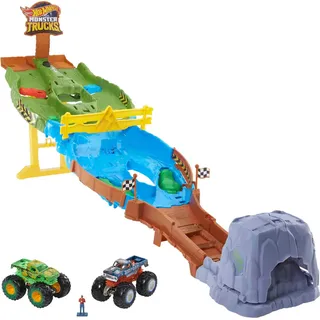 Hot Wheels HJG32 - Monster Trucks Rennstrecke Spielset mit den Monster Trucks Bigfoot und Gunkster für Kopf-an-Kopf-Rennen, Autospielzeuge für Kinder ab 4 Jahren