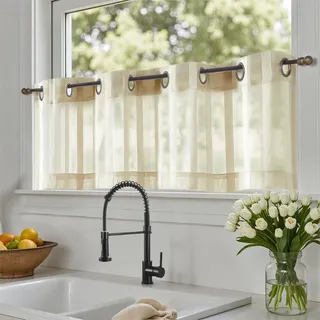 TOPICK Voile Scheibengardinen Bistrogardine für Wohnzimmer modern H 35 x B 130 (cm) 1er Set mit Ösen Transparent Landhaus Streifen Küchenvorhang Gestreift Küchengardinen Paarig Klein Fenster Beige