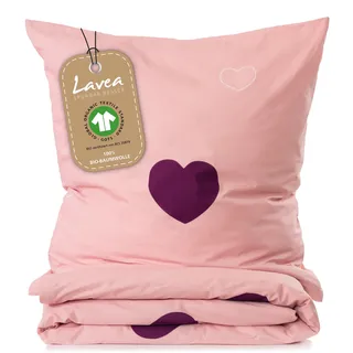 Lavea® Bettwäsche Kinder Set 135x200 cm und 80x80 cm - Rosa Bordeaux | Kinderbettwäsche 100% Bio-Baumwolle mit Herzmotiv, weiche und atmungsaktive Bettwäsche mit Reißverschluss, verschiedene
