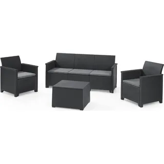 Keter Lounge Set Emma 9-teilig - graphit , 2 Sessel + 3-Sitzer Sofa + 1 Tisch mit Truhenfunktion + 5 Sitzauflagen - Grau