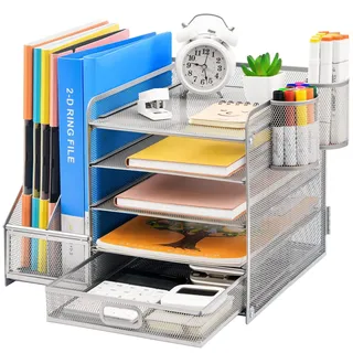 Marbrasse Schreibtisch Organizer mit Aktenhalter, 5 Ebenen Papier Briefablage mit Schublade und 2 Stiftehalter,Schreibtisch Netz Ablagefächer Organizer mit für Büro Bedarf (Silber)