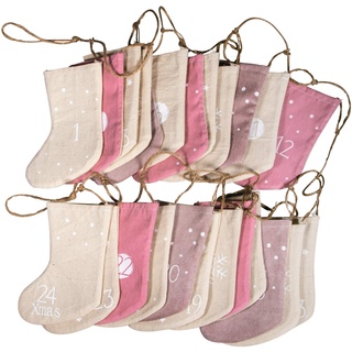 Rayher 46557000 Adventskalender Weihnachtsstrümpfe zum Befüllen, Stoff, 24 Strümpfe an Juteschnur 220 cm, Rose/Gemisch – Töne, Normal