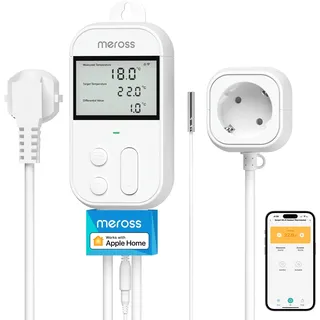 Meross Temperaturregler Smart Thermostat Steckdose für HomeKit Digital WLAN WiFi Heizungsthermostat Steckdose mit Fühler für Heizung und Kühlung 16 A, 2,4GHz, Weiss