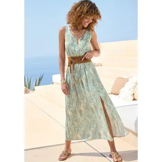 Midikleid LASCANA, Damen, Gr. 46, N-Gr, grün (türkis, beige bedruckt), Web, Obermaterial: 100% Viskose, bedruckt, figurumspielend Midi, Rundhals, Kleider Midikleid, mit Reißverschluss am Ausschnitt, Animal Print, Topseller
