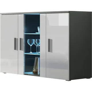Furniture24 Kommode mit Blauer LED Beleuchtung SOHO S7 Sideboard Schrank Wohnzimmerschrank mit 3 Türen Grau/Weiß Hochglanz - Weiß