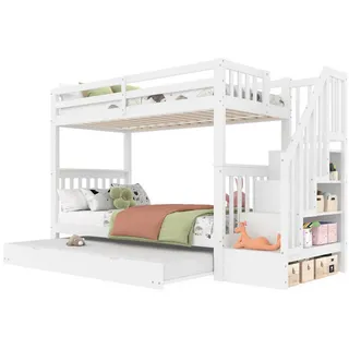 Okwish Etagenbett 90/200 cm Weiß aus Kiefer und MDF mit Ausziehbett und Treppenregal , Holzwerkstoff , 90x200 cm , Babymöbel & Kindermöbel, Kinderzimmer & Jugendzimmer, Stockbetten