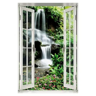 Outdoor-Poster für Garten oder Balkon Sturzbach im Grünen, Motivbanner Größe: ca. 60 x 90 cm mit Fenster-Illusion