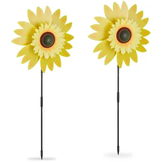 Relaxdays Windrad Sonnenblume, 2er Set, H x B x T: 76 x 29 x 8 cm, Doppel-Windrad für Garten & Balkon, zum Stecken, gelb