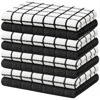 Bumble Premium Geschirrtücher aus Baumwolle (30,5 x 30,5 cm), schwarzes Karomuster, sehr saugfähige, natürliche, ringgesponnene Baumwolle, Küchen-Geschirrtuch-Set, 380 g/m2, 8 Stück
