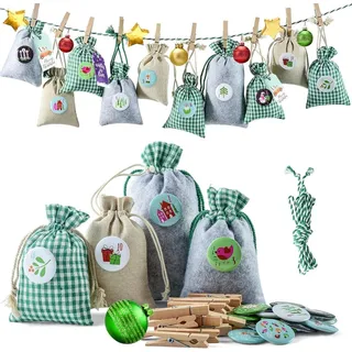 DIY Adventskalender Buttons Set, 24 romantische Liebes-Botschaften, Stoffbeutel zum selbst Befüllen, Weihnachtskalender für Kinder und Erwachsene