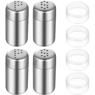 ANBEEISS 4 Stück Mini Salzstreuer, Edelstahl, mit Deckel | Reise-Set für Unterwegs, Pfeffer- und Staubzuckerstreuer, Mini Salzstreuer to Go, für Küche, Camping, Gewürze, Mehl, Zimt.