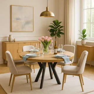 Runder Ausziehbarer Tisch für Esszimmer, PERO, Loft-Stil, Skandinavische, Durchmesser: 90 / 190 cm, Farbe: Eiche Lancelot / Schwarz - Hellbraun