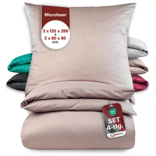 BaSaTex Mikrofaser Bettwäsche im Prägedruck 4 teilig 2X 135x200 + 2X 80x80 | mit Reißverschluss | Allergiker geeignet und ÖkoTex Zertifiziert | Artdeco Taupe