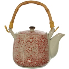 DRW Keramik-Teekanne 350 ml mit Edelstahlsieb mit Bambusgriff in weiß und rot 17 x 10,5 x 10,5/18 cm