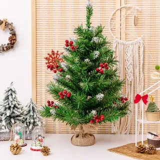 COSTWAY 60cm Kleiner Weihnachtsbaum, Mini Weihnachtsbaum mit 76/108 Zweigen, roten Beeren und Sockel, künstlicher Tisch Weihnachtsbaum für Haus Büro - Grün