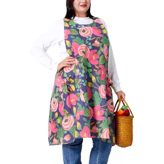 VIKIDEER Bequeme große Schürzen in Übergröße für Damen, verstellbare Kreuzrücken, Blumenmuster, Baumwoll-Leinenschürzen