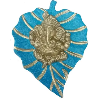 Craft Trade Wanddekoration Kupfer Metall Lord Ganesh Ganpati auf einem Paan Patta-Blatt Idol Vastu Artikel Glücklich Wandbehang Statue für Dekor Zuhause Wohnzimmer und Schlafzimmer- Blau