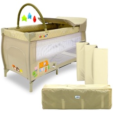 ASALVO Reisebett, 120 x 60 Mix Plus für Babys von 0 bis 15 kg/3 in 1, Babybett, Laufstall und Wickelunterlage, faltbar in 30 Sekunden mit verstellbarer Höhe, beige Figuren