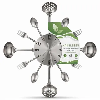 hausleben Wanduhr Küche 35 cm, Edelstahl Küchenuhr mit Besteck Design