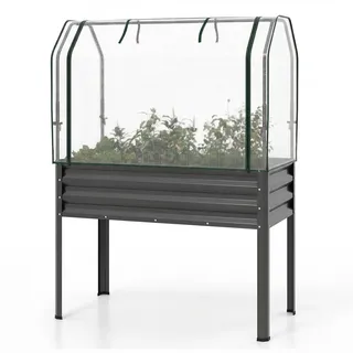 FANTASK 3 in 1 Pflanzkasten mit PE-Abdeckung, 112 x 55 x 152 cm, erhöhtes Hochbeet mit rollbarer Tür, Gartenbeet aus verzinktem Metall, Pflanzbeet, Kräuterbeet für Garten Balkon Terrasse (Grau)