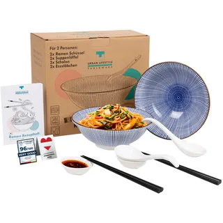 Urban Lifestyle, Ramen Schüssel Dinner Set 2 Personen aus Porzellan 20cm Füllmenge 0,8-1 L Suppenschale Salatschüssel Pho Suppe Schüssel Bowl Ramen Nudeln Müslischalen Pho Suppe Bowl Schüssel (Tokusa)