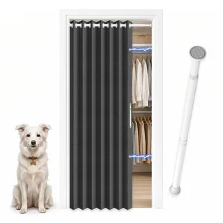 Jilron Faltbarer Türvorhang mit Teleskopstange, Falttür ohne Bohren für Mieter, Innentür Sichtschutz, Einfache Montage für Flur, Abstellraum & Kleiderschrank(Schwarz-H203 x B114 cm) 1er-Pack