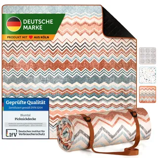 Blumtal Premium Picknickdecke wasserabweisend 200x200 cm Boho & Terrazzo Design - waschbare Stranddecke gepolstert + weiche Zwischenfüllung - Outdoor Decke aus Oxford-Gewebe - Decke Boho Zickzack