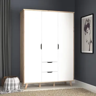 Forte VANKKA Schrank 140 200, Kleiderschrank viel Stauraum,«, (B/H/T ca.140x200x52cm), Made in Europe,mit Einlegeböden+Kleiderstange+Schubladen,grifflos, Weiß / Planked Eiche, 139 cm breit x 201.5 cm hoch x 53 cm tief