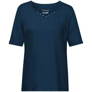 Langarm-Poloshirt GOLDNER "Kurzgröße Halbarm Basic-Shirt aus Baumwolle", Damen, Gr. 23, blau (marine), Obermaterial: 95% Baumwolle CO. 5% Elasthan EL., V-Ausschnitt, Tubular, Shirts Langarm-Poloshirt, Ausschnitt in Herzform mit Schmucksteinen verziert