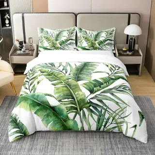 Homewish Bettwäsche, 140 x 200 cm, aus Bio-Baumwolle, Bettwäsche-Set aus Palmblättern, Bettbezug aus Bananenblättern, Bettbezug mit tropischen Blättern Hawaiianischer Zweig