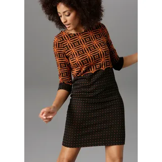Jerseykleid ANISTON SELECTED, Damen, Gr. 46, N-Gr, orange (zimt, schwarz, gemustert), Jersey, Obermaterial: 65% Polyester, 30% Viskose, 5% Elasthan, gemustert, gepunktet, figurumspielend kniefrei, Rundhals, Kleider Jerseykleid, mit modernem Muster- und Punkte-Design