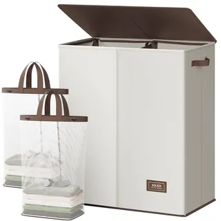 SOLEDI 145L Wäschekorb, Wäschesammler 2 fächer mit Deckel und 2 Wäschesack - Wäschesortierer Groß XXXL Für Badezimmer, Schlafzimmer, Wäschekammer, Kinderzimmer - 2 x 72.5L Beige+Braun