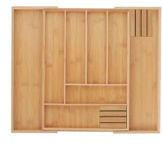 Relaxdays Besteckkasten Bambus ausziehbar 6-8 Fächer 2 Messerblöcke hbt 5 x 32 x 43 cm
