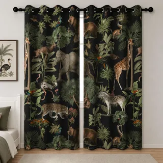 YONGFOTO Vorhänge Dschungel Safari Tropische Wildtiere Elefant Giraffe Zoo Verdunkelungsvorhänge Mit Ösen Für kinderzimmer Schlafzimmer 2 Paneele 117 x 229 cm