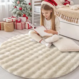 Homaxy 3D Bubble Waschbar Klein Teppich Wohnzimmer 120 cm Rund, Beige | Antirutsch Waschbar Teppich, Weich Flauschig Teppiche fürs Kinderzimmer, Schlafzimmer