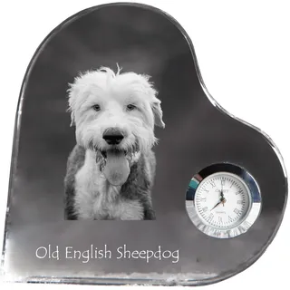 Old English Sheepdog - Kristalluhr mit einem Hundebild, Herzregal-Uhr, personalisierte Standuhr der Marke Art-Dog - Transparent